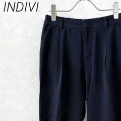 INDIVI スラックス センタープレス ウエストゴム ポケット付き シンプル