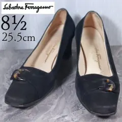 サルヴァトーレフェラガモ 25.5 パンプス スエード スクエア ベルト 黒