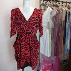 キャバドレス/赤×黒ヒョウ柄/カシュクールワンピース/赤ペプラムワンピース/L