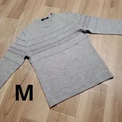 【COMME CA MEN】タックボーダークルーネックニット　M　グレー