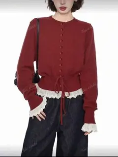 Alicedudu女性用コントラストカラーフリルトリムラウンドネックカーディガン