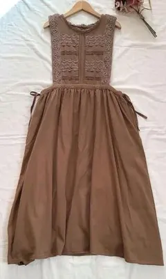 サマンサモスモス レース貼り エプロン ワンピース リボン コットン ナチュラル