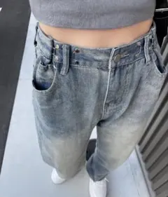ハイウエストデニムパンツ ウエストホック付き ダークブルー