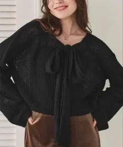 前後2wayリボンデザインシアーローゲージニット