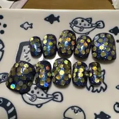 ダークブルー グリッター ネイルチップ 10個セット