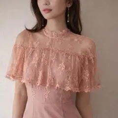 美品★Lian Yi Fang大人ピンク膝丈タイトドレスレースシアーM半袖フリル