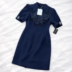 【新品】ネイビー フリル ワンピース 9号 M～L相当 半袖 肩パット入り【2】