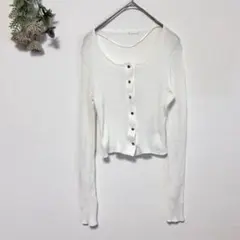 GU ジーユー｜シアーリブニット｜長袖｜Uネック｜ボタン｜白 ホワイト《S》