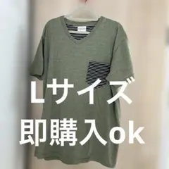 即購入ok メンズ　Lサイズ ストライプ柄ポケット VネックTシャツ カーキ