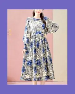 ♥♣♦♠ブルーの美しいお花アンティーク風イラストワンピース　L〜XL