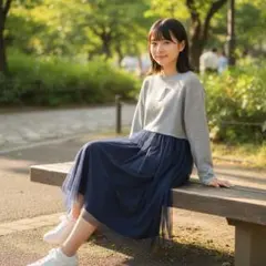 未使用タグ付 異素材ドッキングワンピース　グレー✖️ネイビーミモレ丈ミディ丈