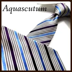 美品 アクアスキュータム ネクタイ シルク ストライプ サテン 水色 イタリア製