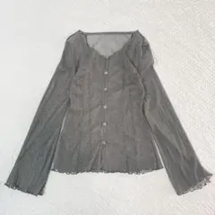 シアーカーディガン グレー ラメ フレア袖 シースルー 透け感 メタリックM