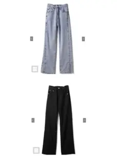 フロントスリットハイウエストデニムパンツ 2点セット（ライトブルー・ブラック）