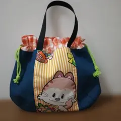 昭和レトロ生地使用　ねこ　巾着バッグ