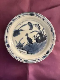 【江戸期】古伊万里 染付 鳥植物風景文 五寸皿 5枚セット 角福銘 木箱付　骨董