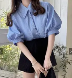 ストライプ柄パフスリーブバックレースアップブラウスス