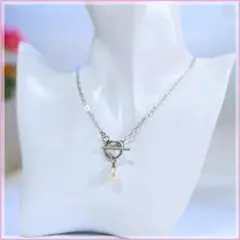 ステンレス製　淡水パール　マンテルネックレス　銀色　上質　綺麗　淡水真珠　白