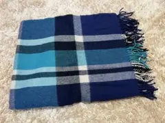 青系チェック柄フリンジマフラー