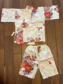 日本製、花柄コットン100子供甚平