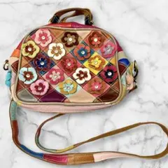 エスタシオン　牛革　花パッチワーク　ショルダーバッグ　2wayハンドバッグ