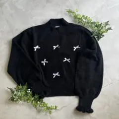 新品　フェザーハイネック リボン付き 袖フリル ニットセーター Msize 黒