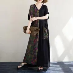 ポケット付き プリント 切り替 ロングワンピース リゾート 体型をカバー