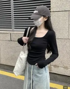 スクエアネック クロップド Tシャツ ラッシュデザイン SHEIN ブラック