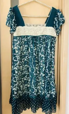 ♡花柄レースフリルチュニック　M（ターコイズブルー）