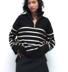 【美品】ZARA ストライプジップアップセーター ネイビー&ホワイト Lサイズ