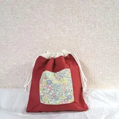 ハンドメイド　巾着ポーチ　巾着袋　小花柄　赤