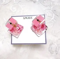 【No.6】ピンク スクエア イヤリング