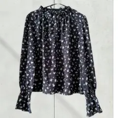 SNIDEL　スナイデル♡フリルスタンドネック　小花柄シースルーブラウス　F　黒