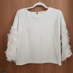 フリンジ付きホワイト長袖Tシャツ M