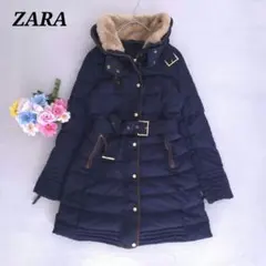 ザラ ロングダウンコート ファー ベルト リアルダウンフェザー M ネイビー