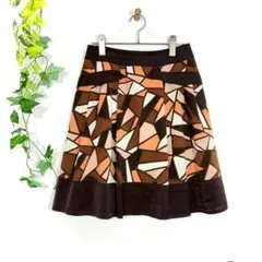 ケティ ketty 幾何学柄 フレアスカート(M)ブラウン 膝丈 日本製 上品