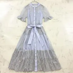 axes femme ポエティック ドットチュール×レースOP ブルー