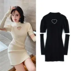 韓国♡魅力あふれる　♡　パール付きハート柄　アームカバー付き　ニットワンピース