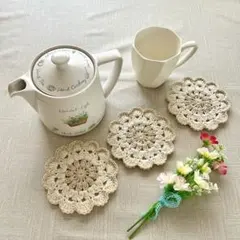 ナチュラルカラー　手編み　ドイリー　コースター　茶托　3枚　ハンドメイド