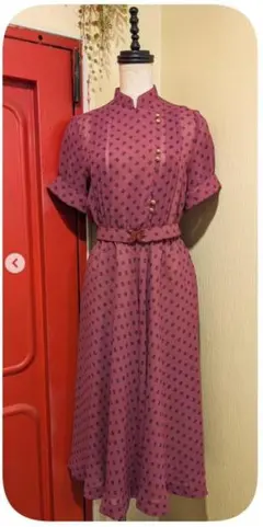 昭和レトロ　ヴィンテージ　ワンピース　ラズベリー　半袖　ベルト付　USED古着