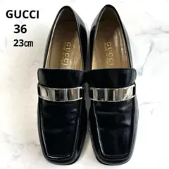 GUCCI レザーローファー 革靴 ロゴ入メタルバンド 金具 黒 36 スクエア