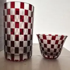 【極美品】切子 グラス 2点 セット（タンブラー・冷酒杯）市松模様 赤