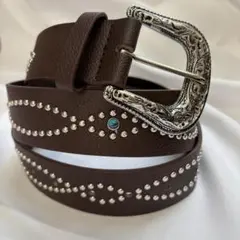 レザー スタッズベルト ターコイズ 茶 古着 Y2K ユニセックス ウエスタン