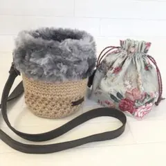 取り外しファー付き 麻紐 花柄 巾着 ショルダーバッグ ポシェット
