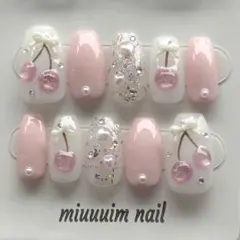ネイルチップ ピンク さくらんぼ 韓国 ワンホン フレンチガーリー 推し活ネイル