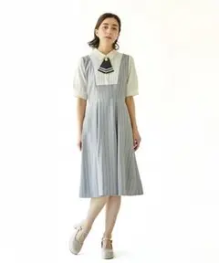 axes femme タイ付重ね着風ストライプワンピース 実物写真有り