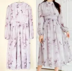 薄紫色花柄ロングドレス