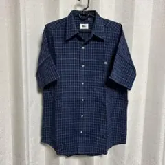ラコステ　ネイビー　紺色　チェック柄　半袖メンズシャツ