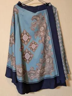 【美品】INED ペイズリー柄 フレアスカート　ブルー　Lサイズ