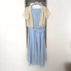 水色シフォンロングドレス レースカーディガン付き　オケージョンドレス　結婚式